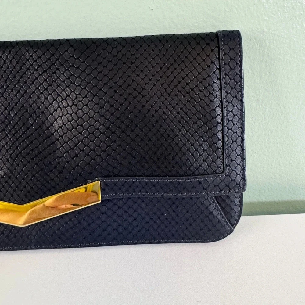 Time's Arrow Calfskin Gya Clutch Gongola Purse Flap Over Evening Party Prom Navy - Picture 5 of 9